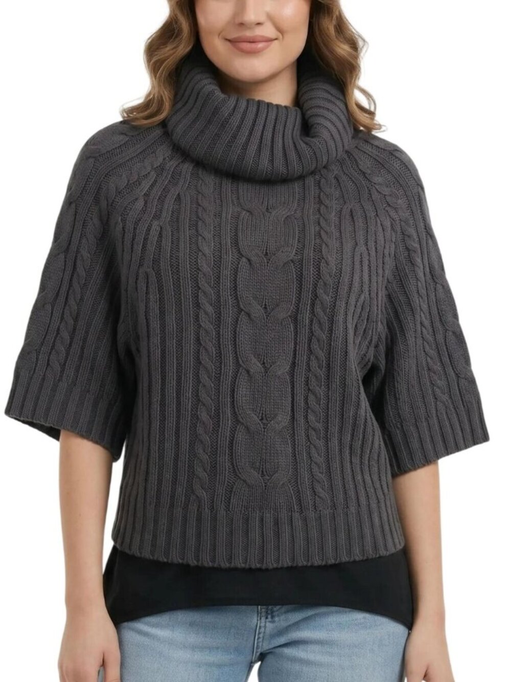 Chesley Women's Gray Cowl Neck Mid-Sleeve Chunky Cable Knit Sweater Size Medium